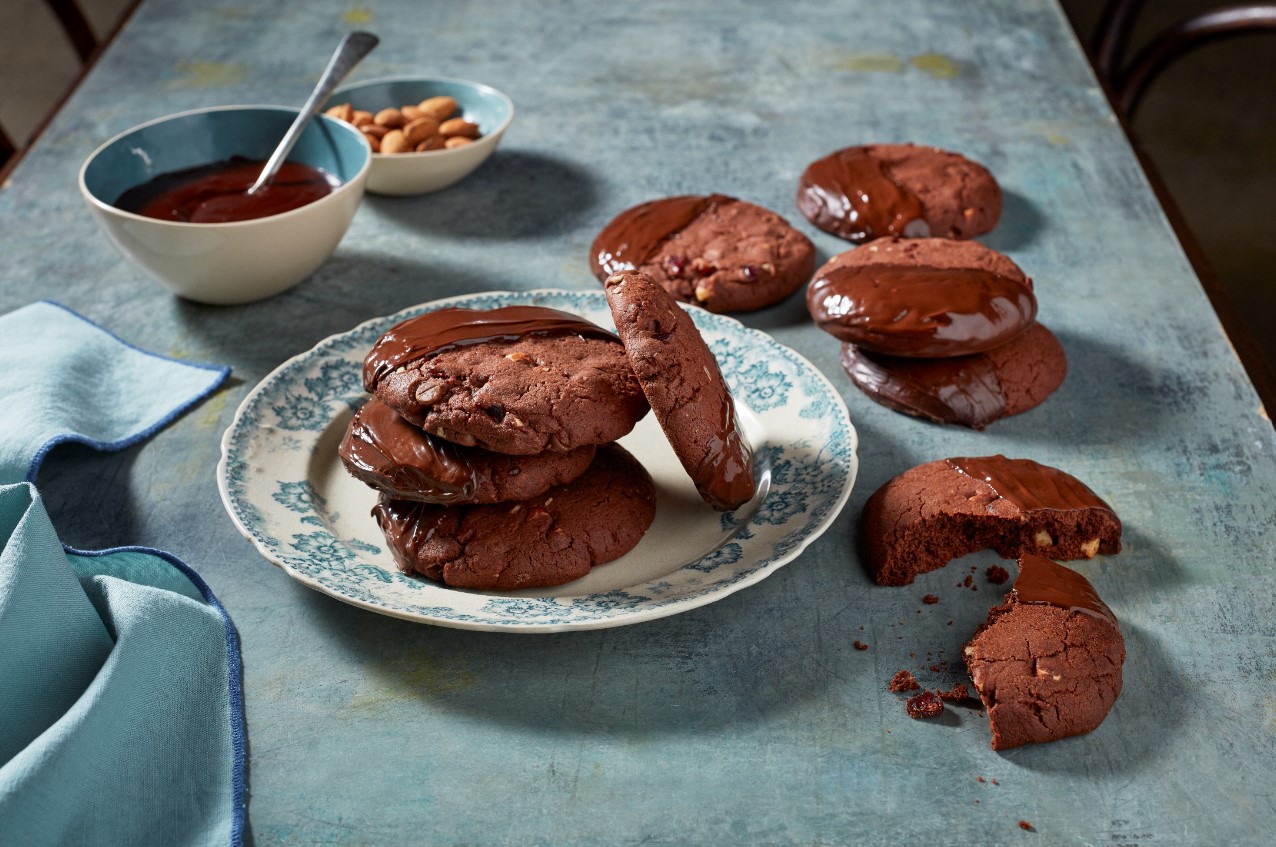 choc dipped choc and nut cookies