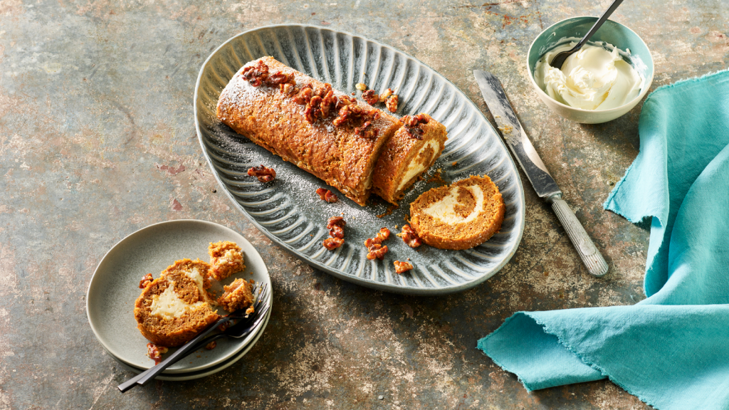 Carrot Cake Roll with Cream Cheese Filling and Candied Walnuts | The Neff Kitchen