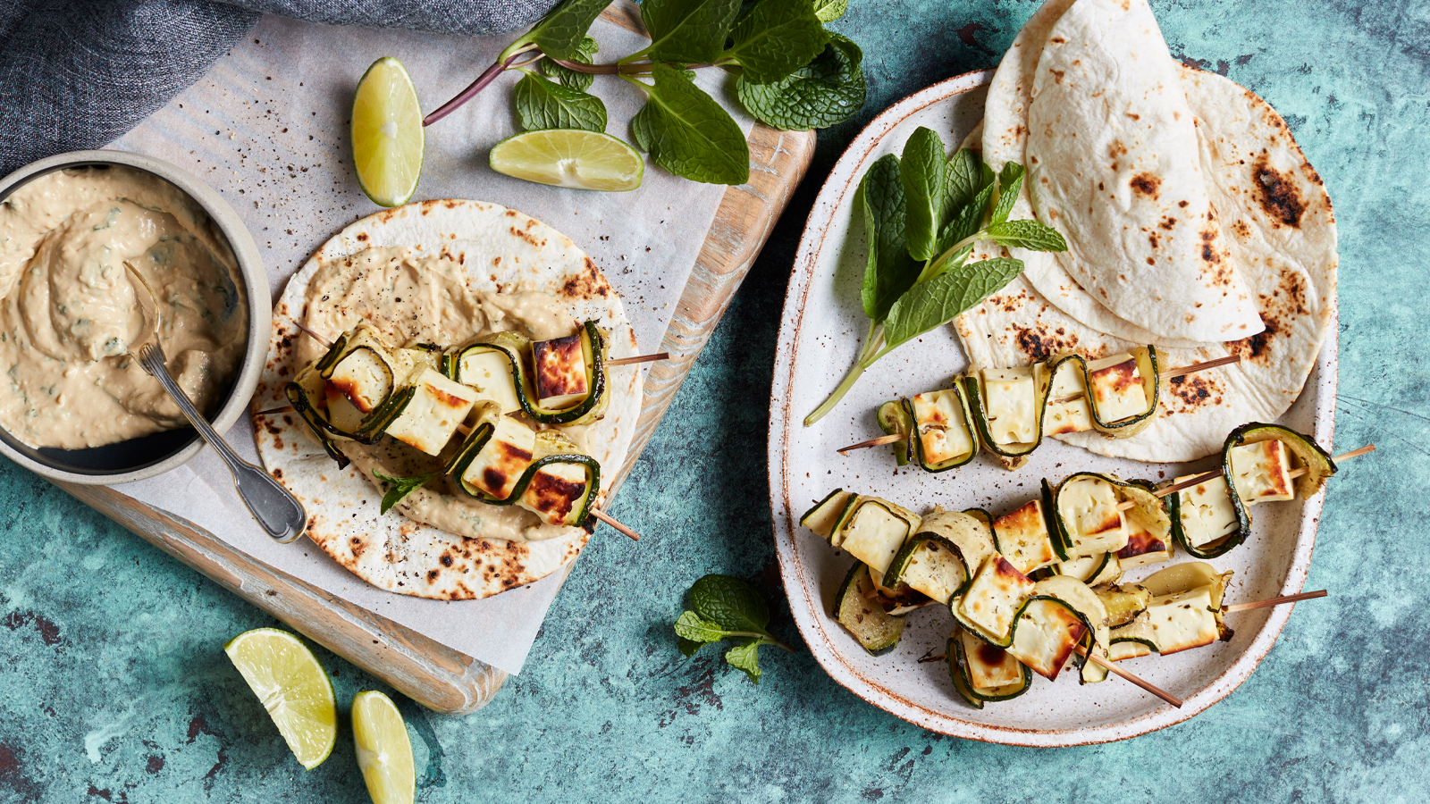 Zucchini and Halloumi Kebabs with Lemon and Mint Hummus Served with